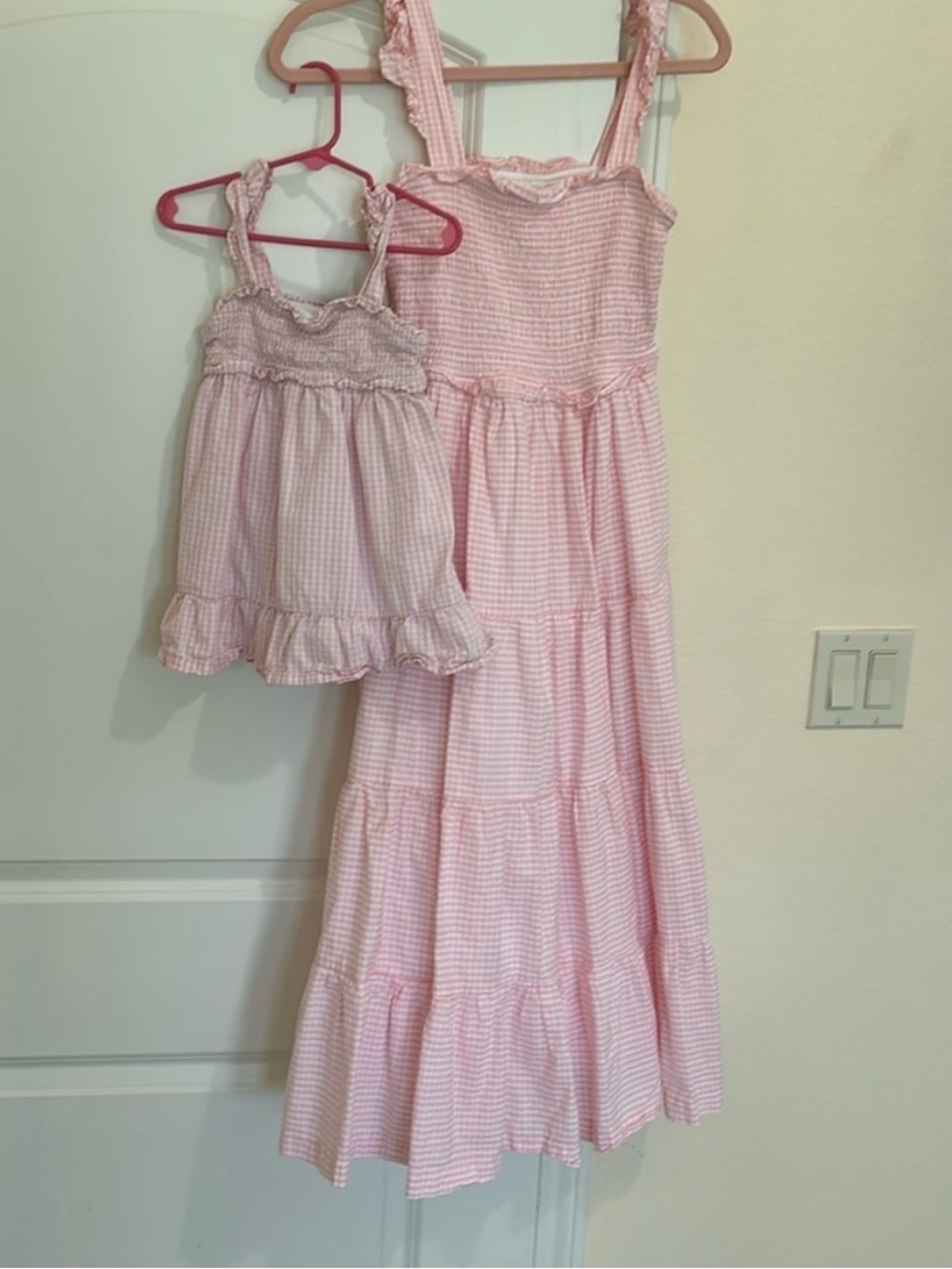 RuffleButts Mommy & Me Pink Gingham Maxi Dress Set | Adult + Toddler
